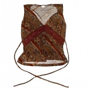 Vintage Y2K SiChico Brown and Rust Patterned Sleeveless Top with Lace Detail